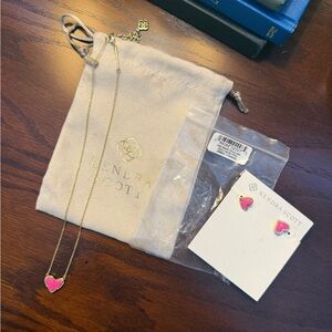 Kendra Scott Gold Pink Heart Necklace and Pink Heart Earrings